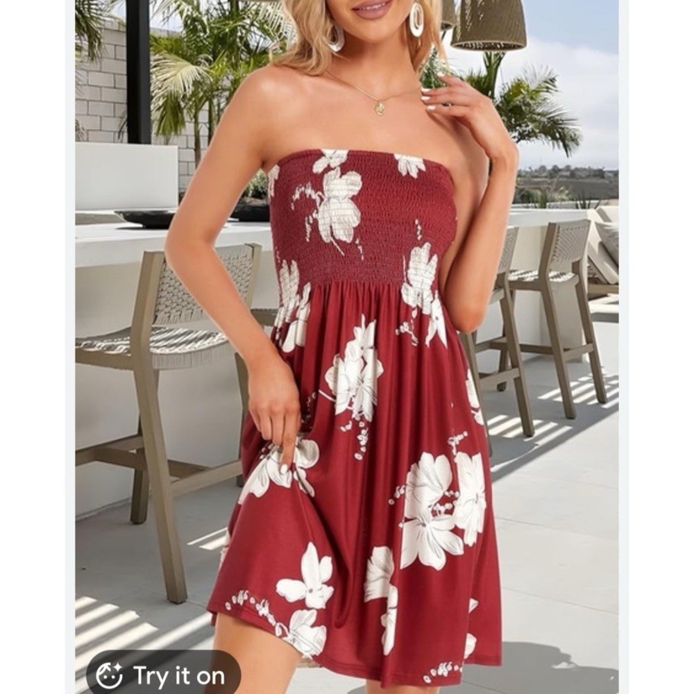 Strapless Smocked Floral Fit & Flare Mini Dress Ruffle Tube Top Small Wine‎ Red